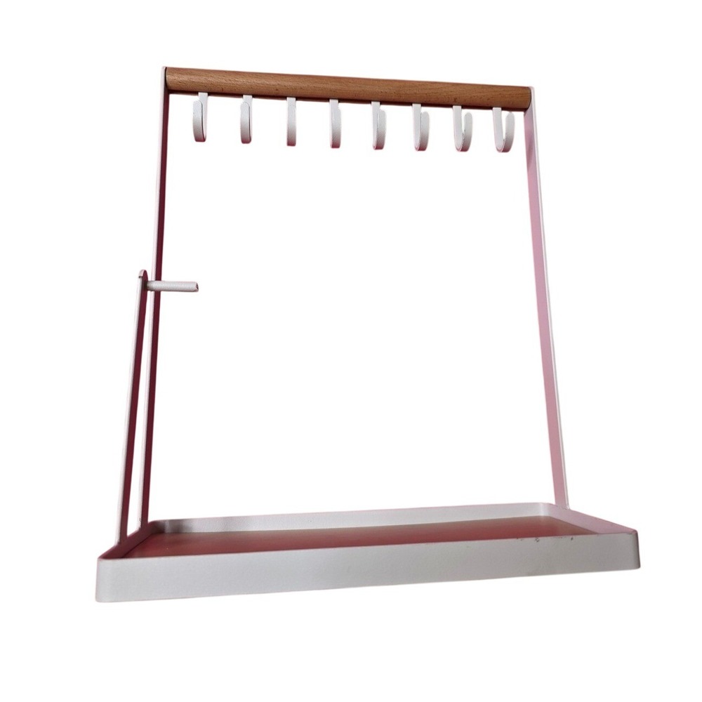 Modern White Metal and Wood Jewelry Stand Organizer with 8 Hooks and Tray